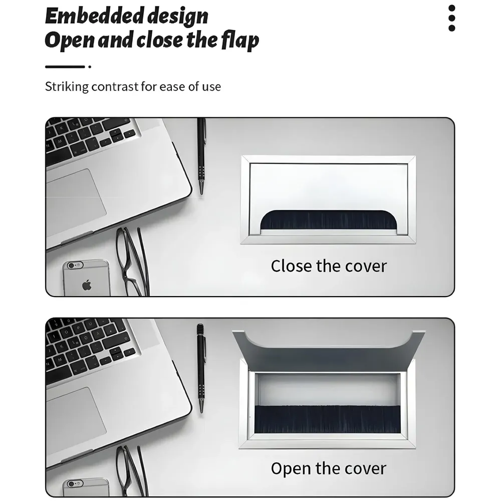Office Desk Wire Cable Hole Cover Aluminum With Dust Proof Brushes For Computers Work Rectangular Metal Organizer Stylish Desk Accessory Wire Manager Concealed System. 160 mm x 80 mm Silver