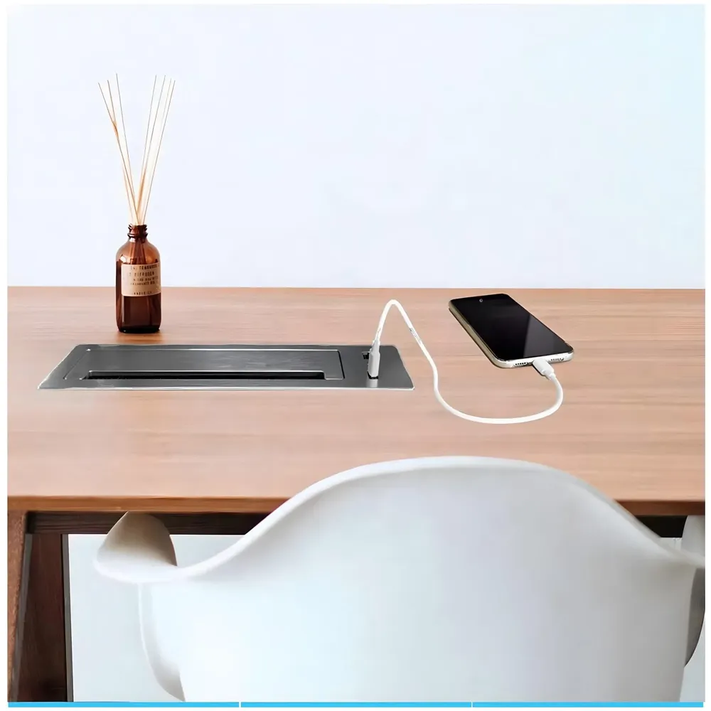 Office Desk Wire Cable Hole Cover Aluminum Soft Closing with USB for Computers Work Rectangular Metal Organizer Desk Accessory Wire Manager Concealed System. 200 mm x 90 mm Black - 2