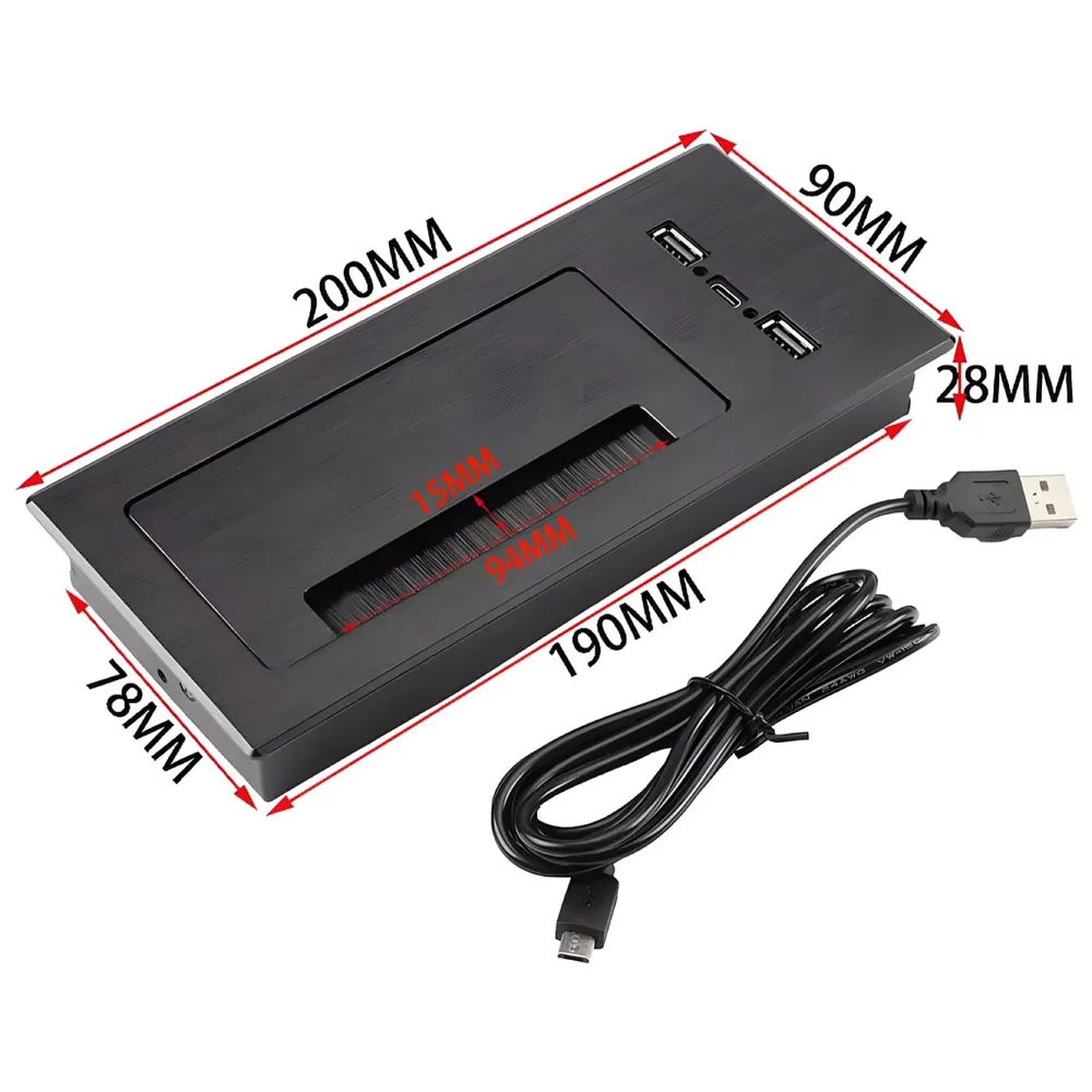 Office Desk Wire Cable Hole Cover Aluminum Soft Closing with USB for Computers Work Rectangular Metal Organizer Desk Accessory Wire Manager Concealed System. 200 mm x 90 mm Black - 4