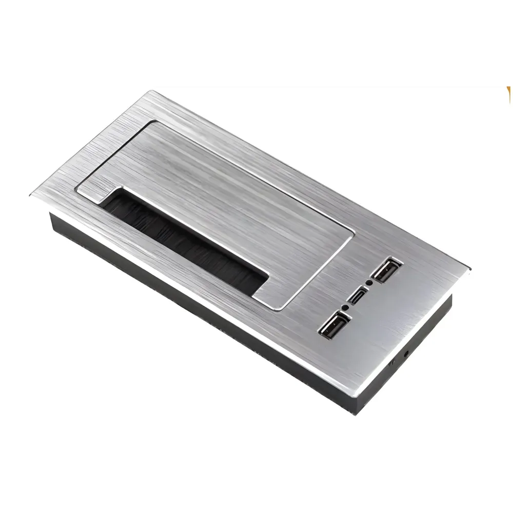 Office Desk Wire Cable Hole Cover Aluminum Soft Closing with USB for Computers Work Rectangular Metal Organizer Desk Accessory Wire Manager Concealed System. 200 mm x 90 mm Silver