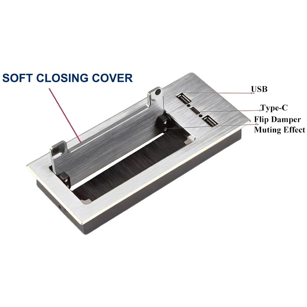 Office Desk Wire Cable Hole Cover Aluminum Soft Closing with USB for Computers Work Rectangular Metal Organizer Desk Accessory Wire Manager Concealed System. 200 mm x 90 mm Silver - 2
