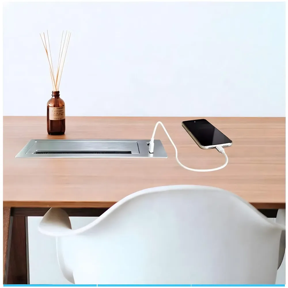 Office Desk Wire Cable Hole Cover Aluminum Soft Closing with USB for Computers Work Rectangular Metal Organizer Desk Accessory Wire Manager Concealed System. 200 mm x 90 mm Silver - 3