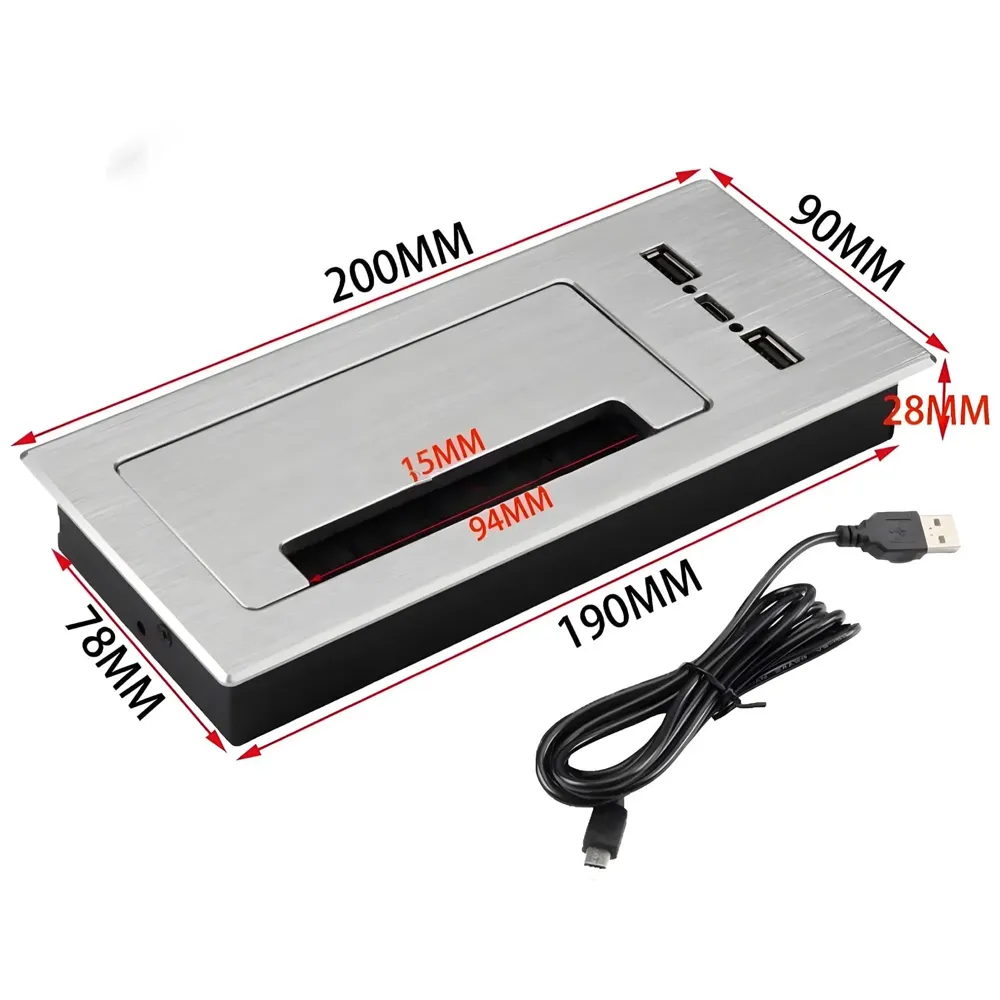 Office Desk Wire Cable Hole Cover Aluminum Soft Closing with USB for Computers Work Rectangular Metal Organizer Desk Accessory Wire Manager Concealed System. 200 mm x 90 mm Silver - 4