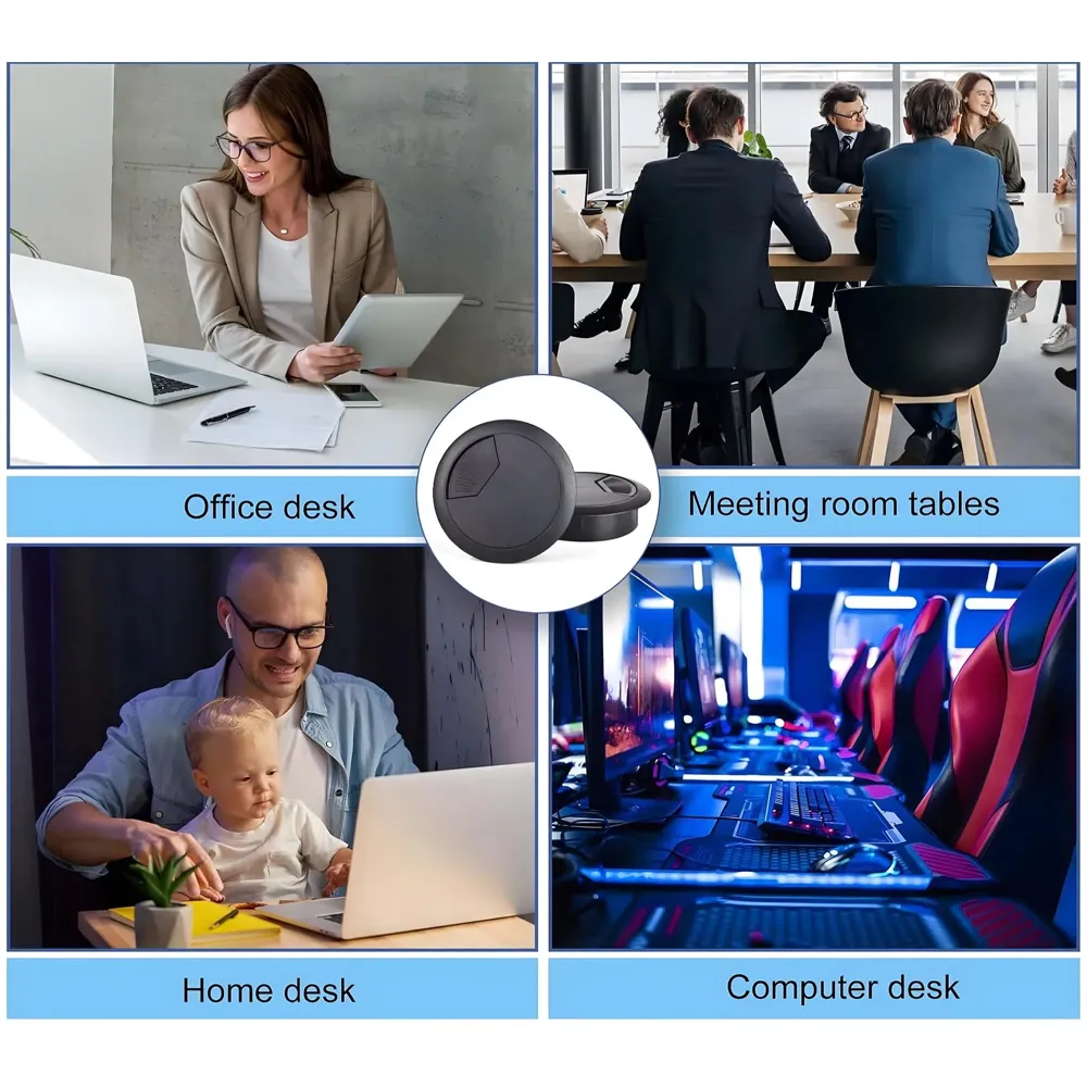 6.8 Cm Metal Round Aluminum Office Desk Wire Cable Hole Cover with Dust Proof Brushes for Computers Work Rectangular Metal Organizer Desk Accessory Wire Manager. 68 mm x 68 mm Black - 8