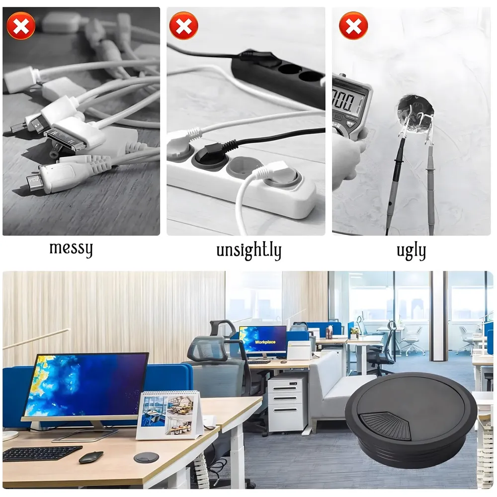 6.8 Cm Metal Round Aluminum Office Desk Wire Cable Hole Cover with Dust Proof Brushes for Computers Work Rectangular Metal Organizer Desk Accessory Wire Manager. 68 mm x 68 mm Black