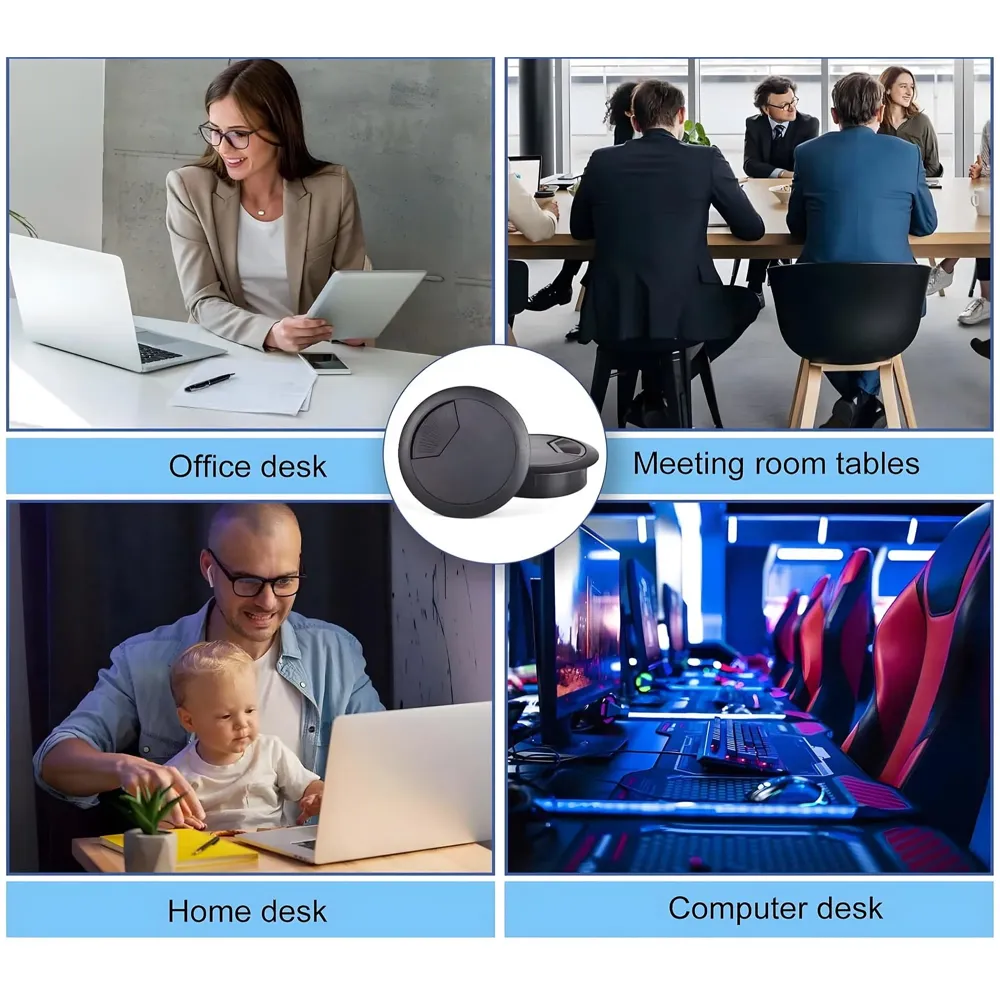 6.8 Cm Metal Round Aluminum Office Desk Wire Cable Hole Cover with Dust Proof Brushes for Computers Work Rectangular Metal Organizer Desk Accessory Wire Manager. 68 mm x 68 mm Black