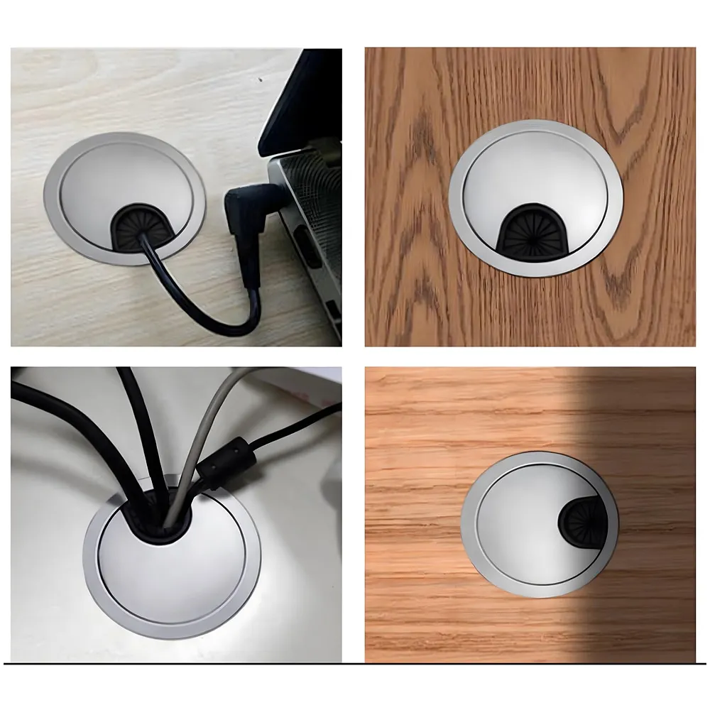 6.8 Cm Chrome Metal Round Aluminum Office Desk Wire Cable Hole Cover With Dust Proof Brushes For Computers Work Rectangular Metal Organizer Desk Accessory Wire Manager. 68 mm x 68 mm Silver