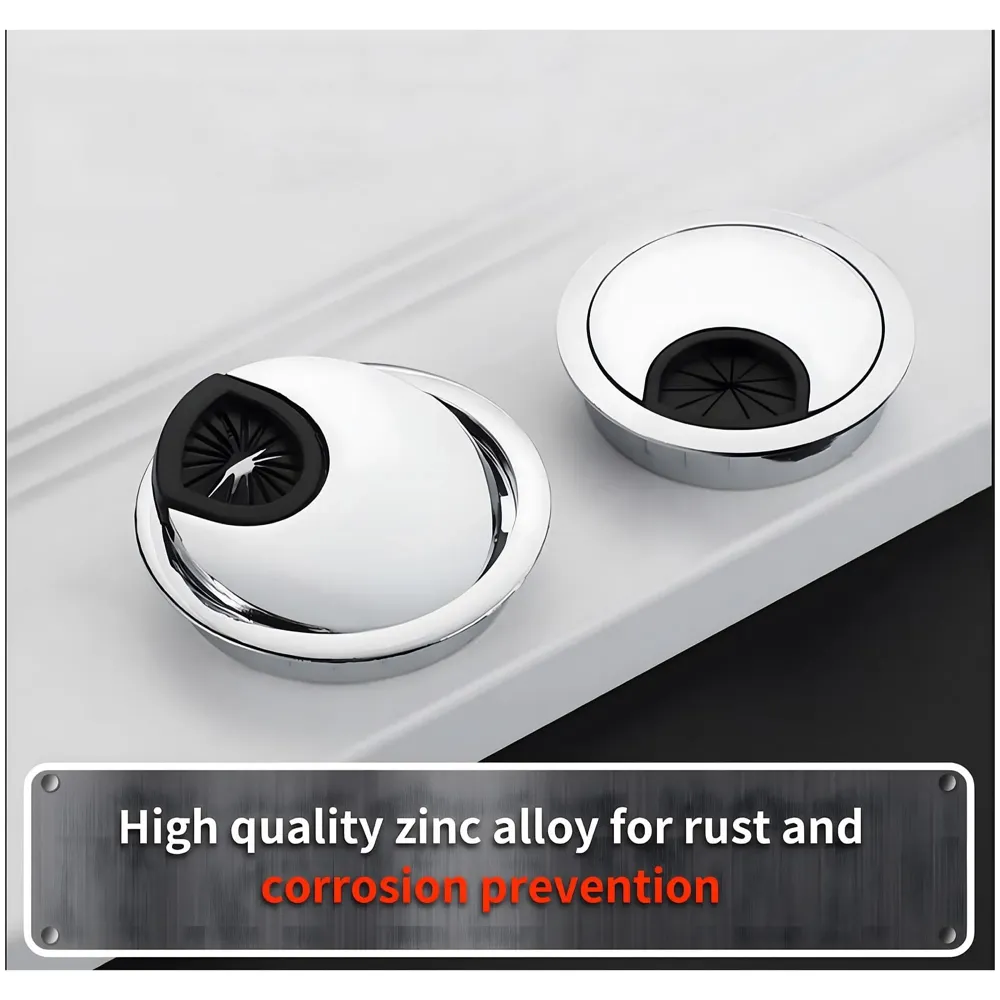 6.8 Cm Chrome Metal Round Aluminum Office Desk Wire Cable Hole Cover With Dust Proof Brushes For Computers Work Rectangular Metal Organizer Desk Accessory Wire Manager. 68 mm x 68 mm Silver - 3