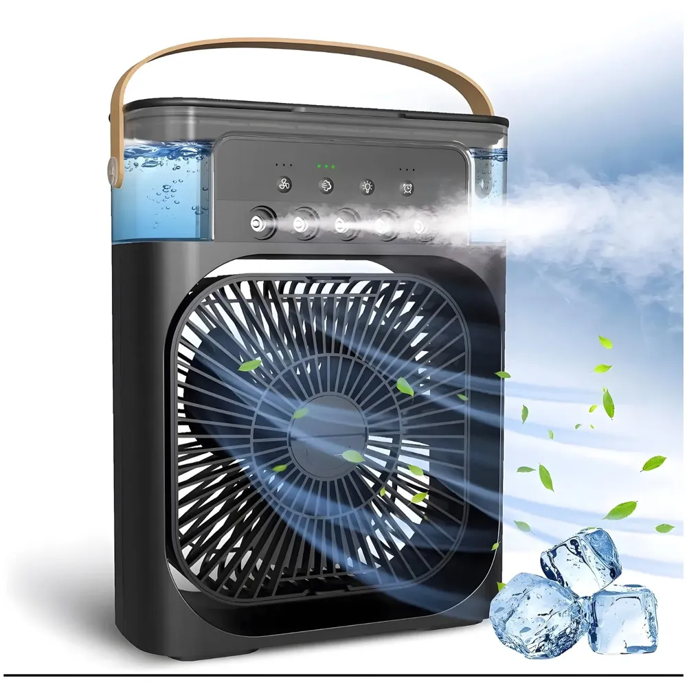 Black Big Portable Mist Fan, Cooling Fan LED Light, Air Conditioner Water Fan USB Desk with 3 Mist Spray Personal Evaporative Air Cooler Ice Fan for Bedroom, Office, Dorm Work