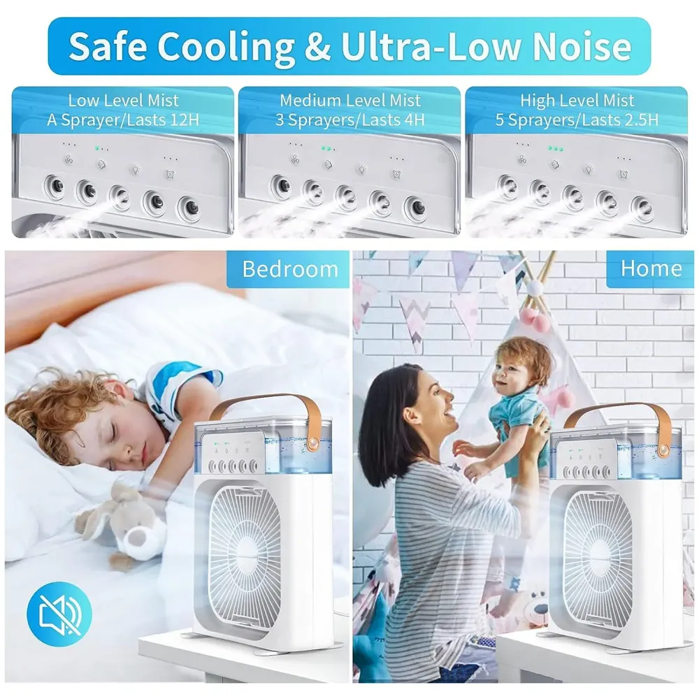 Black Big Portable Mist Fan, Cooling Fan LED Light, Air Conditioner Water Fan USB Desk with 3 Mist Spray Personal Evaporative Air Cooler Ice Fan for Bedroom, Office, Dorm Work