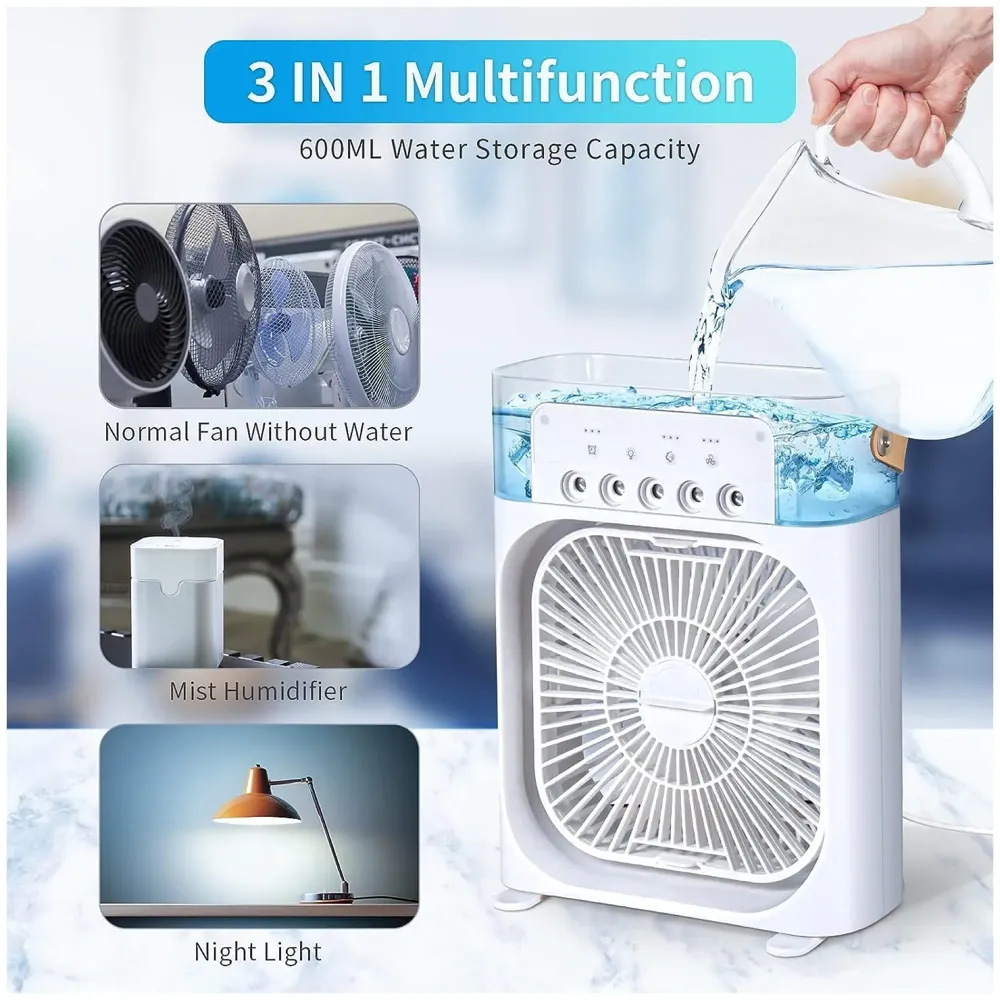 Black Big Portable Mist Fan, Cooling Fan LED Light, Air Conditioner Water Fan USB Desk with 3 Mist Spray Personal Evaporative Air Cooler Ice Fan for Bedroom, Office, Dorm Work