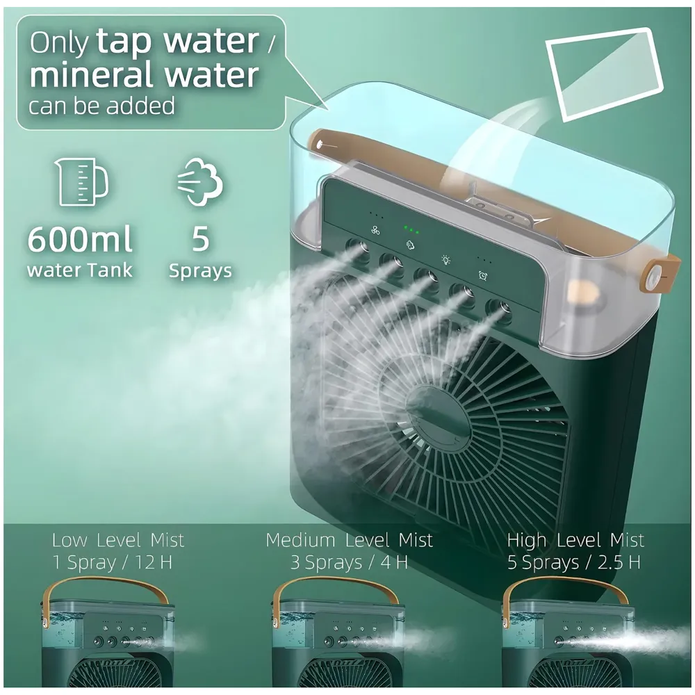 Black Big Portable Mist Fan, Cooling Fan LED Light, Air Conditioner Water Fan USB Desk with 3 Mist Spray Personal Evaporative Air Cooler Ice Fan for Bedroom, Office, Dorm Work