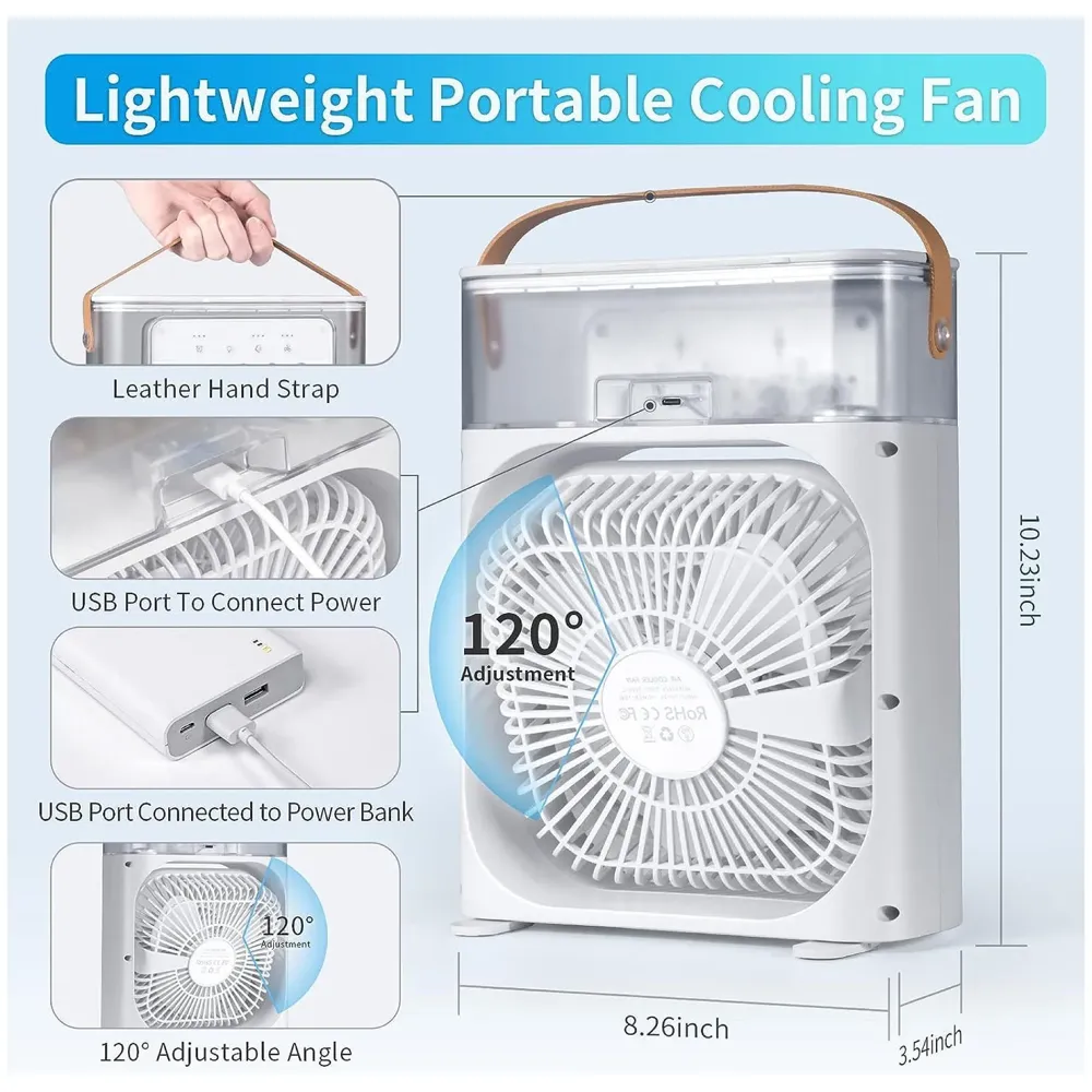 Big Portable Mist Fan, Cooling Fan LED Light, Air Conditioner Water Fan USB Desk with 3 Mist Spray Personal Evaporative Air Cooler Ice Fan for Bedroom, Office, Dorm Work - 2