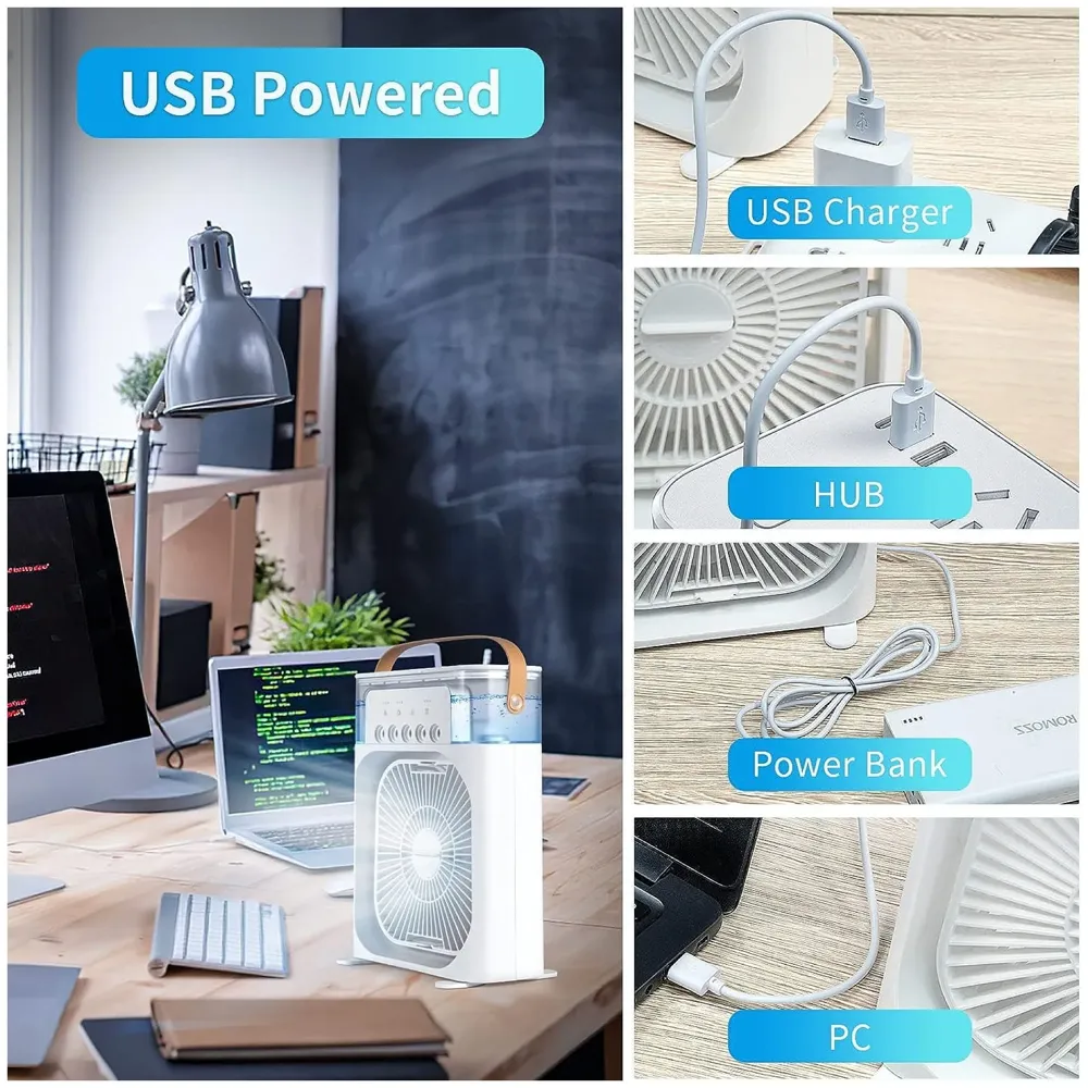 Big Portable Mist Fan, Cooling Fan LED Light, Air Conditioner Water Fan USB Desk with 3 Mist Spray Personal Evaporative Air Cooler Ice Fan for Bedroom, Office, Dorm Work - 6