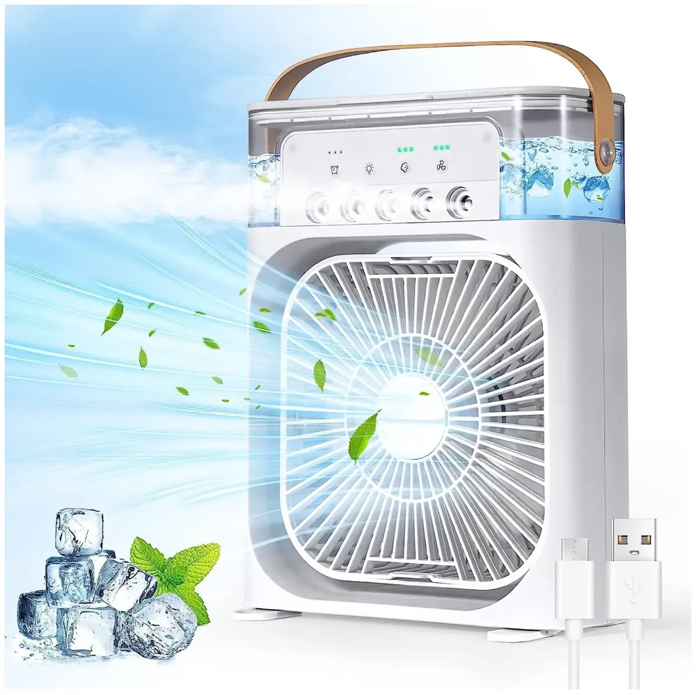Big Portable Mist Fan, Cooling Fan LED Light, Air Conditioner Water Fan USB Desk with 3 Mist Spray Personal Evaporative Air Cooler Ice Fan for Bedroom, Office, Dorm Work