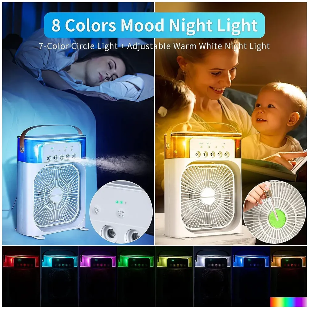 Big Portable Mist Fan, Cooling Fan LED Light, Air Conditioner Water Fan USB Desk with 3 Mist Spray Personal Evaporative Air Cooler Ice Fan for Bedroom, Office, Dorm Work