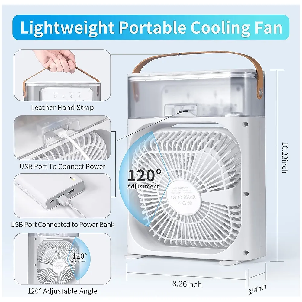 Big Portable Mist Fan, Cooling Fan LED Light, Air Conditioner Water USB Desk with 3 Mist Spray Personal Evaporative Air Cooler Ice for Bedroom, Office, Dorm Work Premium