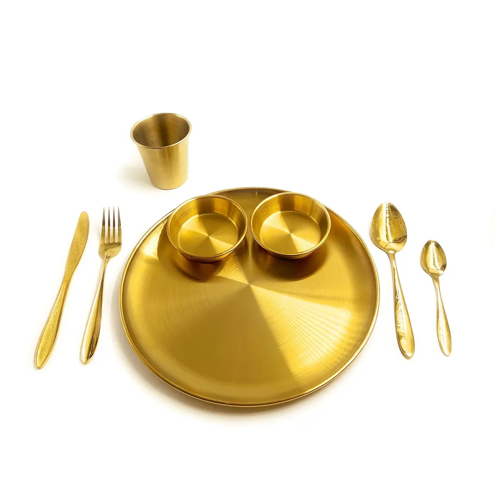 Gold Dinner Set Cutlery Gold Plate Gold Bowls and Glass Complete Golden Meal Combo Steel