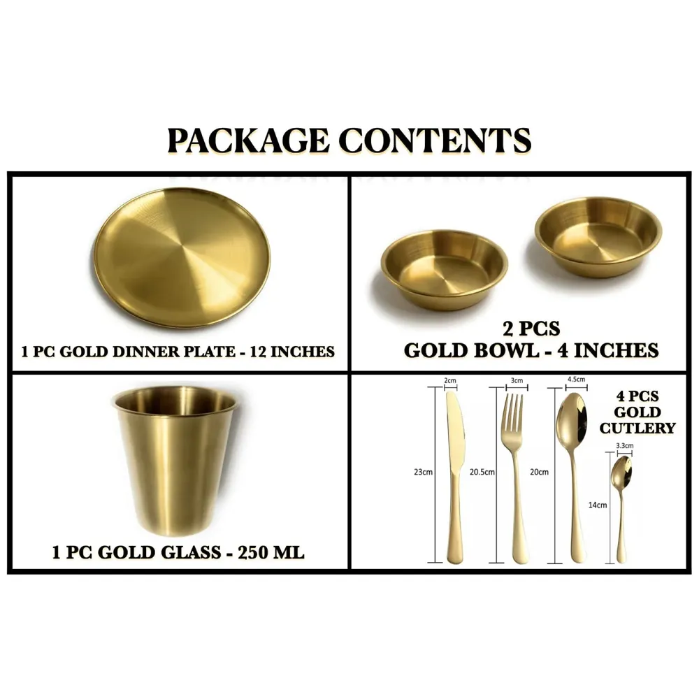 Gold Dinner Set Cutlery Gold Plate Gold Bowls and Glass Complete Golden Meal Combo Steel