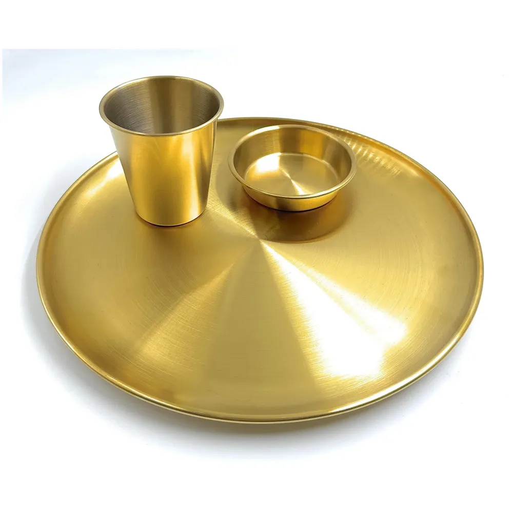 Gold Dinner Set: 3 Pcs, 9 Items - Gold Color, Round Shape, Mother's Day, Anniversary, Wedding Occasion, Stainless Steel, Dishwasher Safe