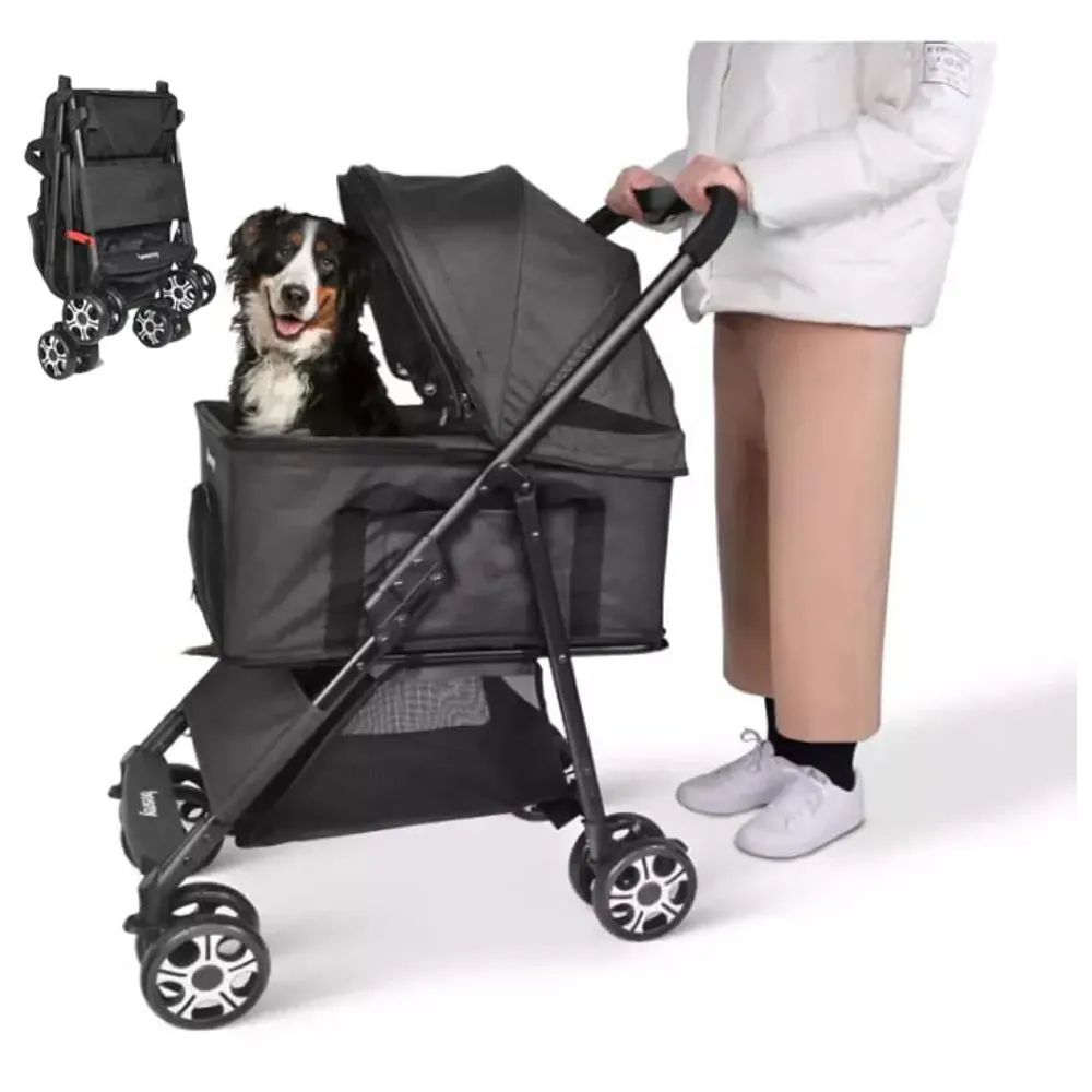 4 Wheel Elite Pet Stroller Breathable, Cat and Dog Easy to Walk Folding Travel Carrier with Cup Holder and Padded Handles. (Midnight) - Multicolor