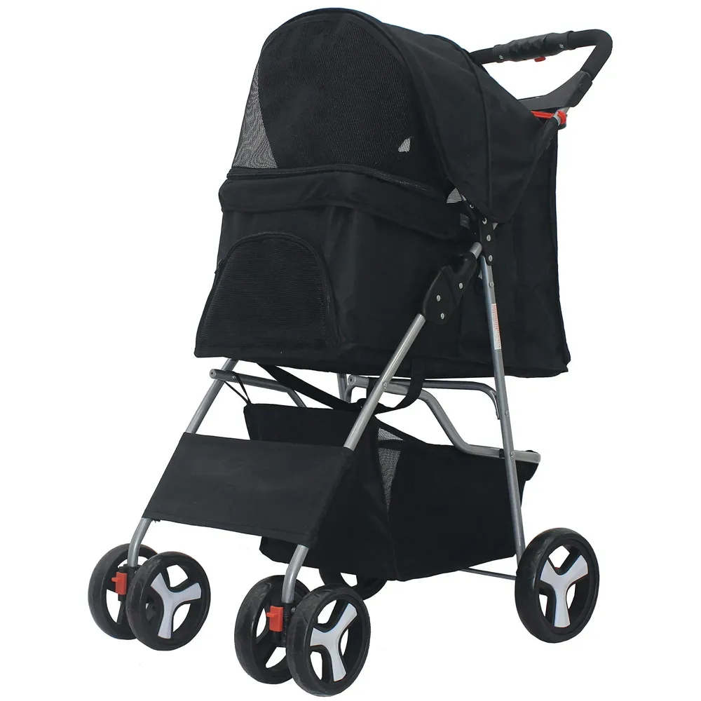 4 Wheel Elite Pet Stroller Breathable, Cat and Dog Easy to Walk Folding Travel Carrier with Cup Holder and Padded Handles. (Black)
