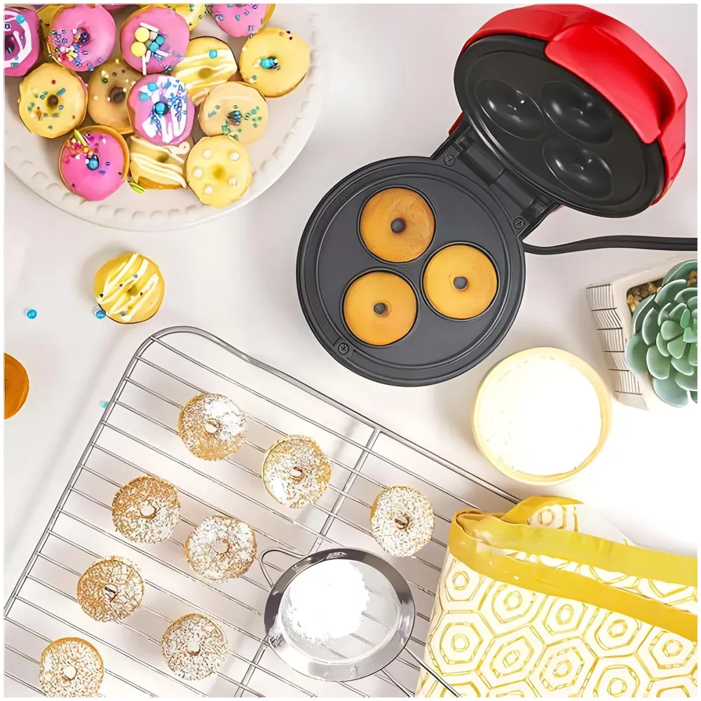 Mini Donut Maker Machine for Kid-Friendly Breakfast, Snacks, Desserts & More with Non-stick Surface, Makes 3 Doughnuts