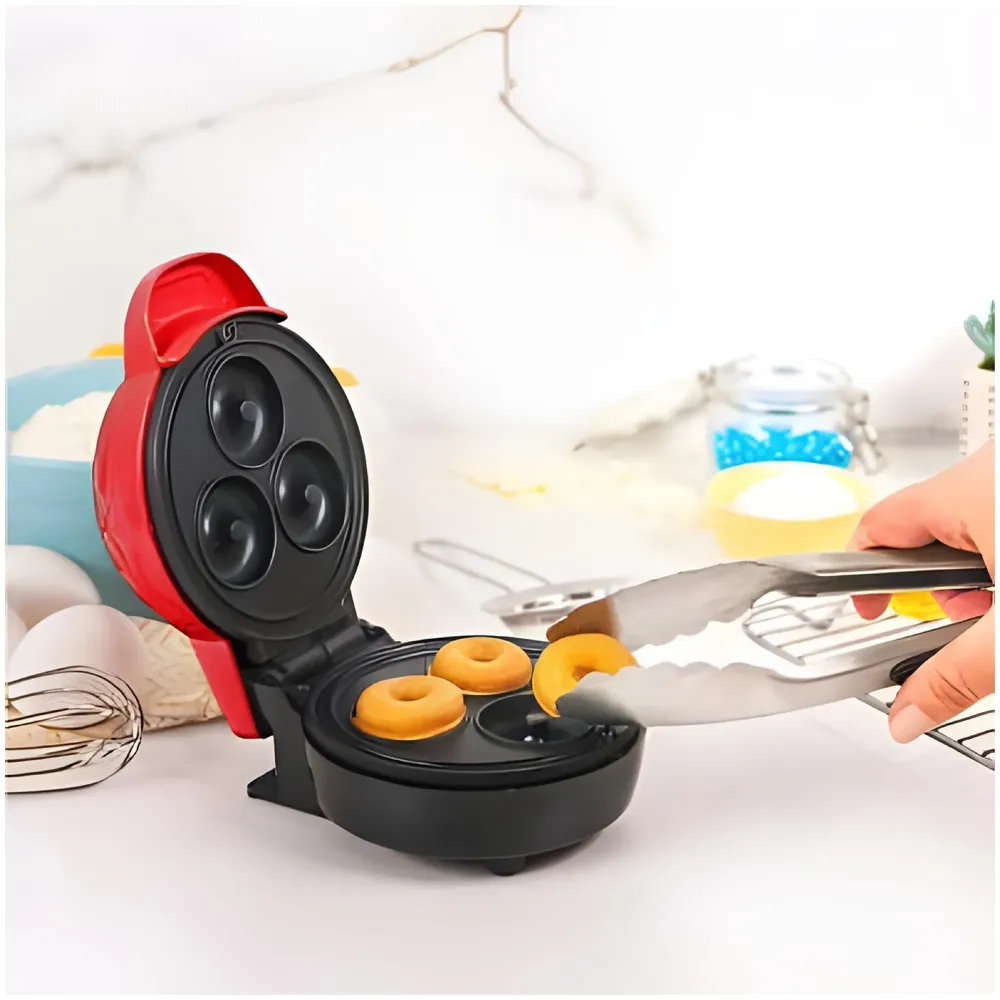 Mini Donut Maker Machine for Kid-Friendly Breakfast, Snacks, Desserts & More with Non-stick Surface, Makes 3 Doughnuts
