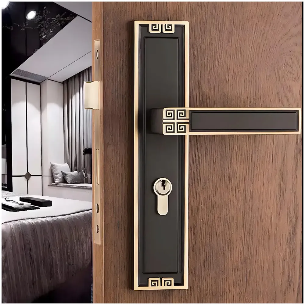 Black Gold Door Handle Set Mortise Lock for Bedroom, Living Room, Main Door Brass Lock Body and One Side Key 9 Inches 3 Keys Lock Set