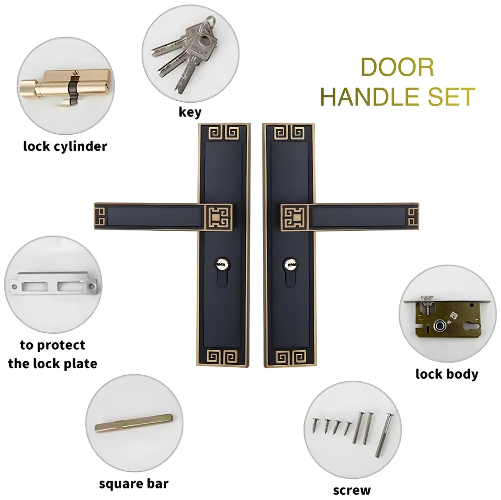 Black Gold Door Handle Set Mortise Lock for Bedroom, Living Room, Main Door Brass Lock Body and One Side Key 9 Inches 3 Keys Lock Set