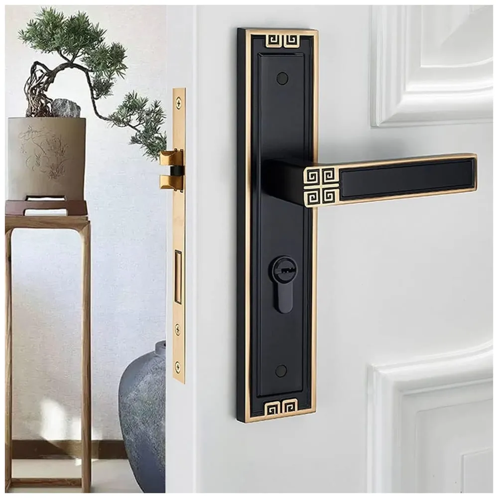 Black Gold Door Handle Set Mortise Lock for Bedroom, Living Room, Main Door Brass Lock Body and One Side Key 9 Inches 3 Keys Lock Set
