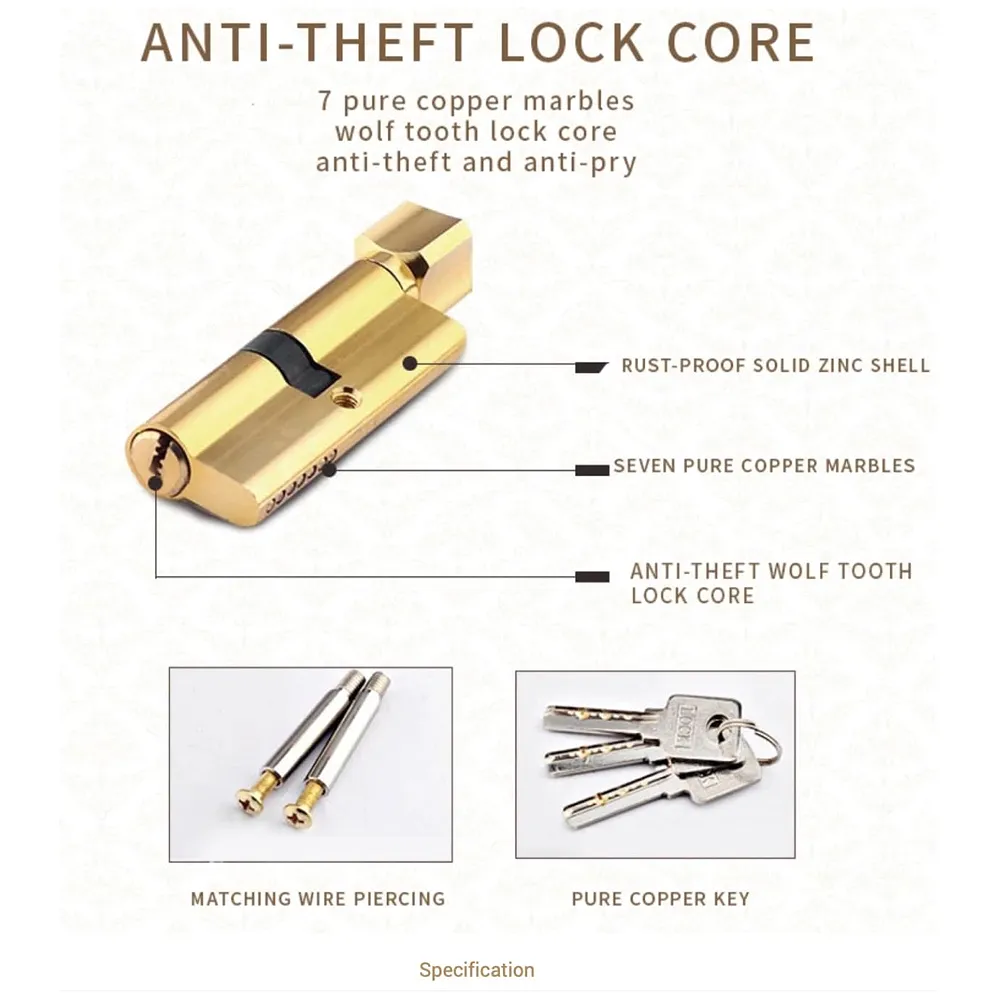 Antique Mortise Door Handle Lock Set, Brass, 9 Inches, with One Side Key, 3 Keys, for Bedroom, Living Room, Main Door