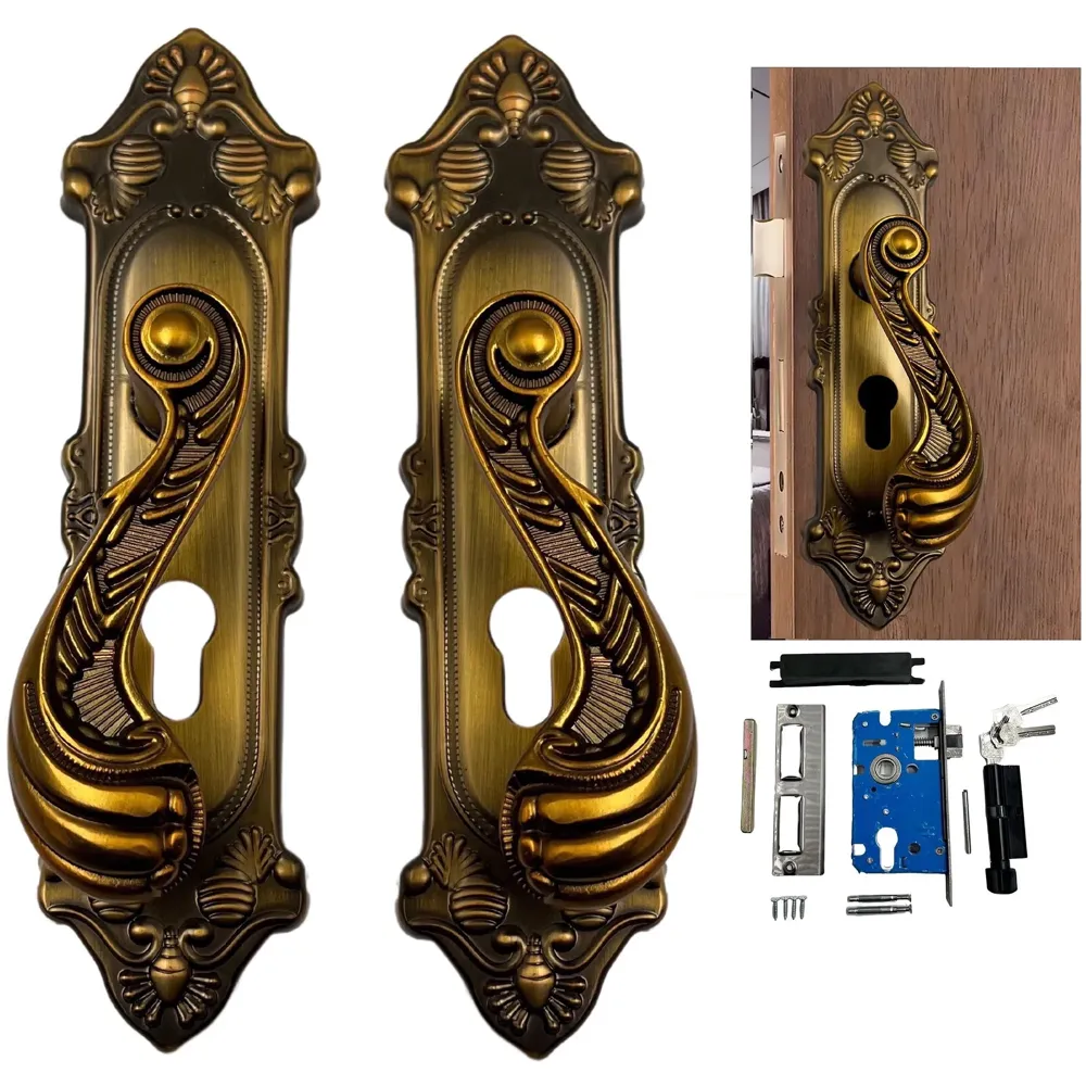 Antique Door Handle Set Mortise Lock for Bedroom, Living Room, Main Door Brass Lock Body and One Side Key 9 Inches 3 Keys Lock Set