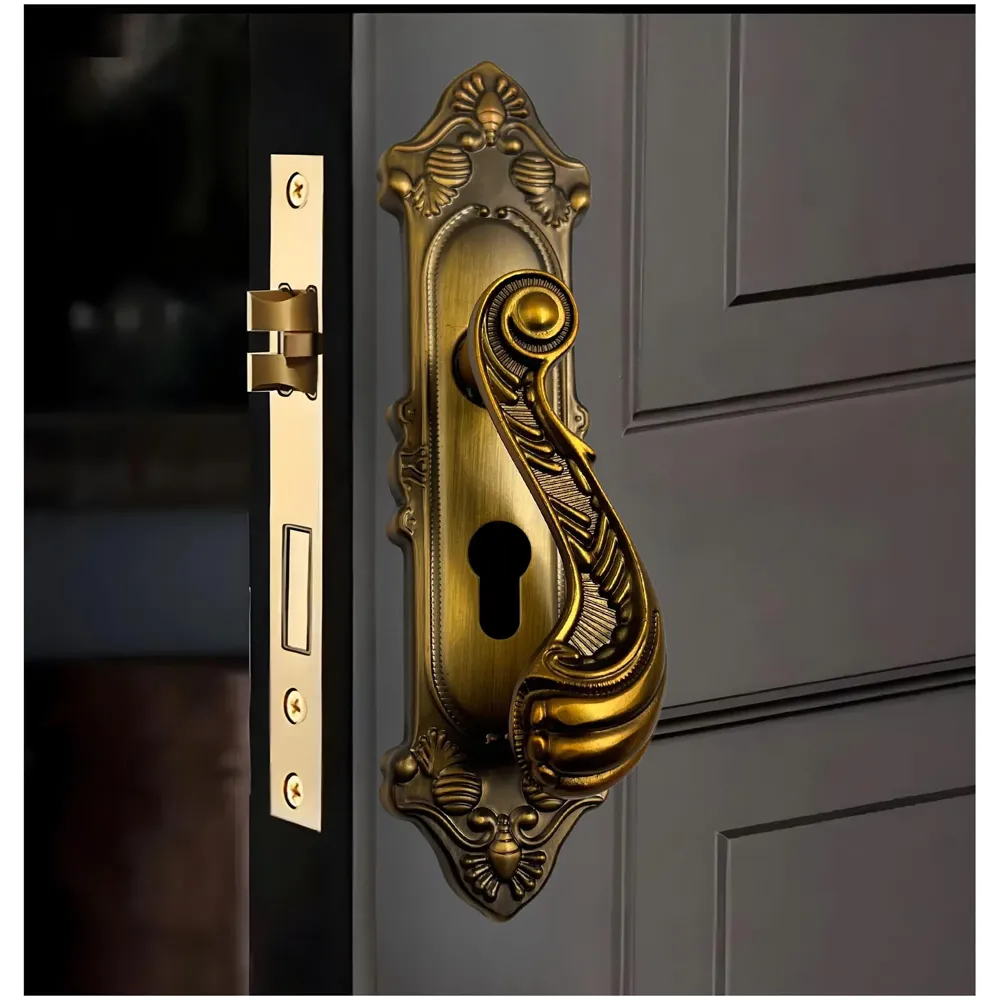 Antique Door Handle Set Mortise Lock for Bedroom, Living Room, Main Door Brass Lock Body and One Side Key 9 Inches 3 Keys Lock Set - 6