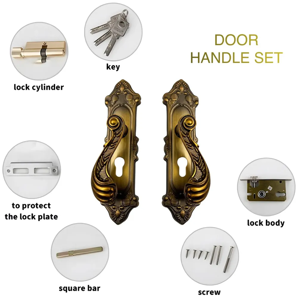 Antique Door Handle Set Mortise Lock for Bedroom, Living Room, Main Door Brass Lock Body and One Side Key 9 Inches 3 Keys Lock Set - 7