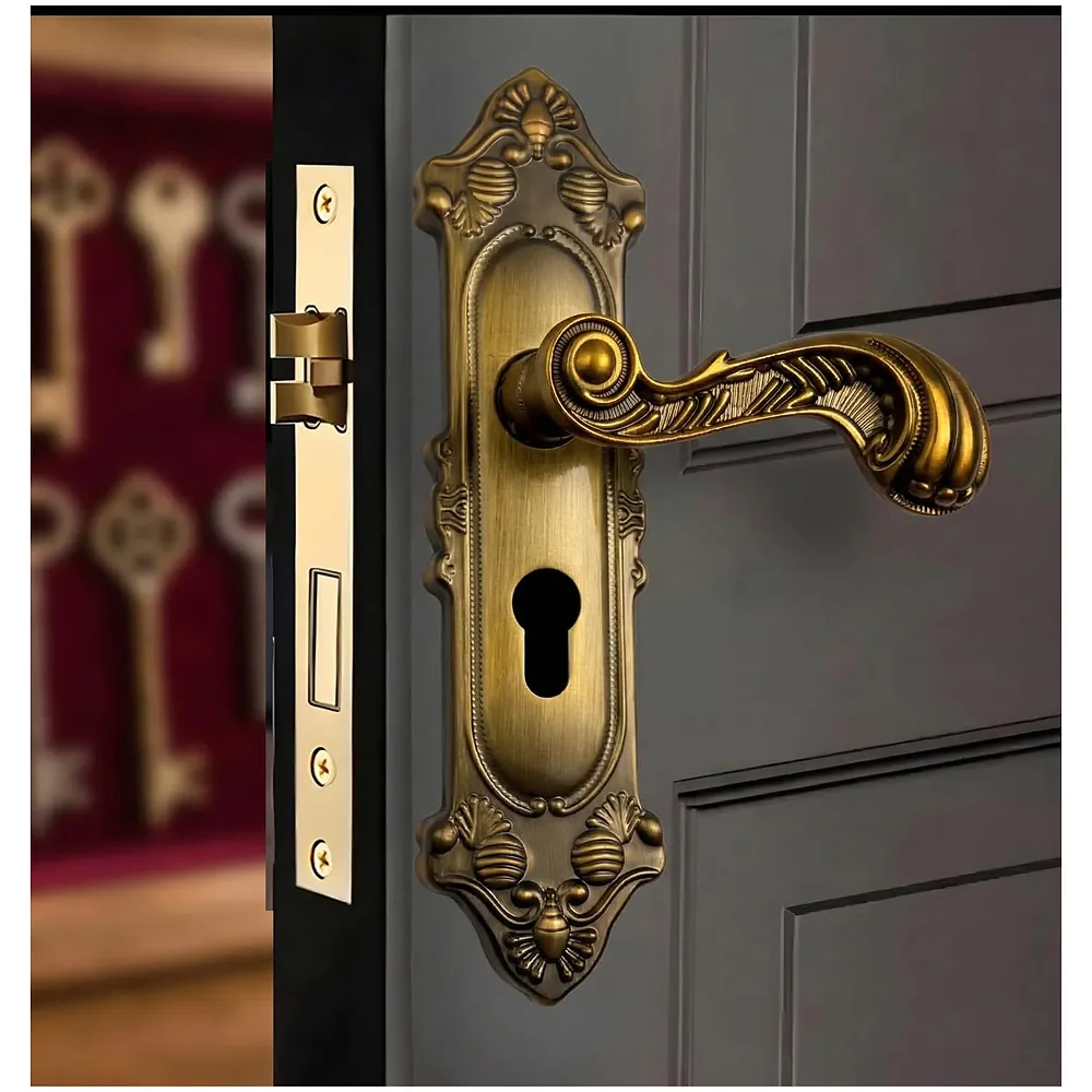 Antique Door Handle Set Mortise Lock for Bedroom, Living Room, Main Door Brass Lock Body and One Side Key 9 Inches 3 Keys Lock Set