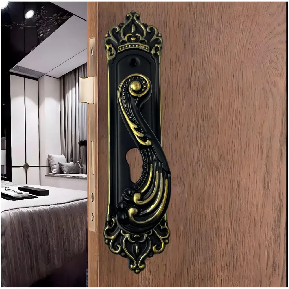 Black Gold Door Handle Set Mortise Lock for Bedroom, Living Room, Main Door Brass Lock Body and One Side Key 9 Inches 3 Keys Lock Set - 2