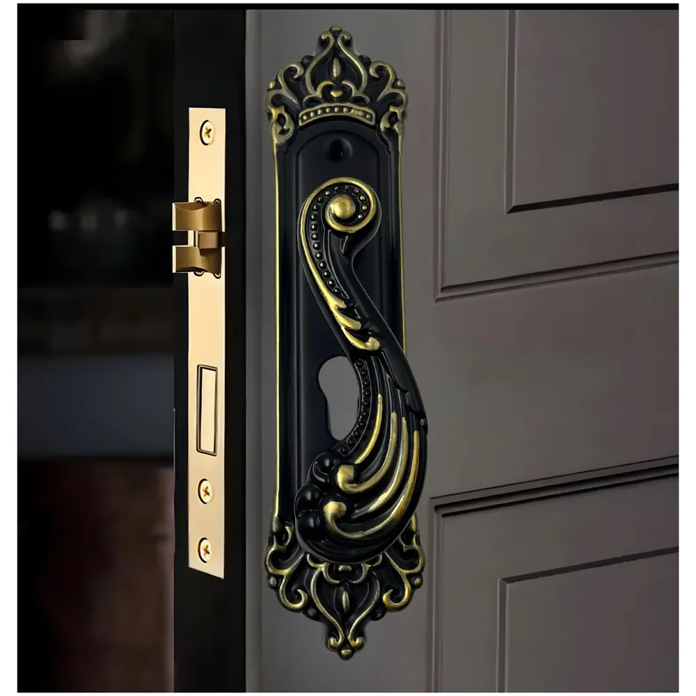 Black Gold Door Handle Set Mortise Lock for Bedroom, Living Room, Main Door Brass Lock Body and One Side Key 9 Inches 3 Keys Lock Set - 7