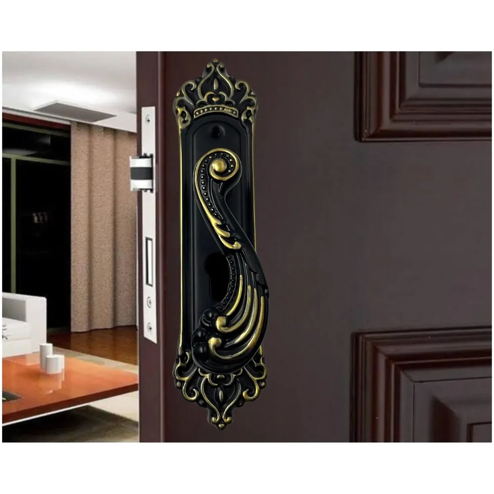 Black Gold Door Handle Set Mortise Lock for Bedroom, Living Room, Main Door Brass Lock Body and One Side Key 9 Inches 3 Keys Lock Set - 8