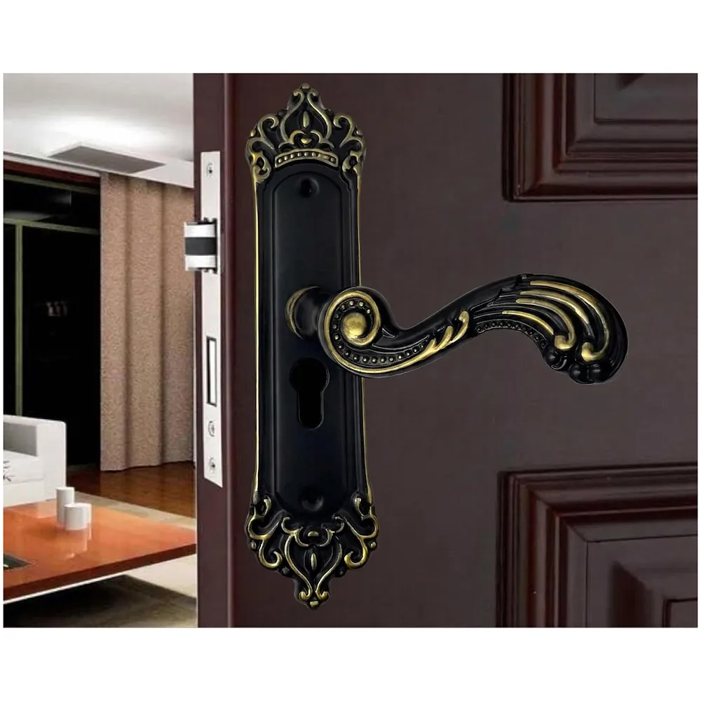 Black Gold Door Handle Set Mortise Lock for Bedroom, Living Room, Main Door Brass Lock Body and One Side Key 9 Inches 3 Keys Lock Set