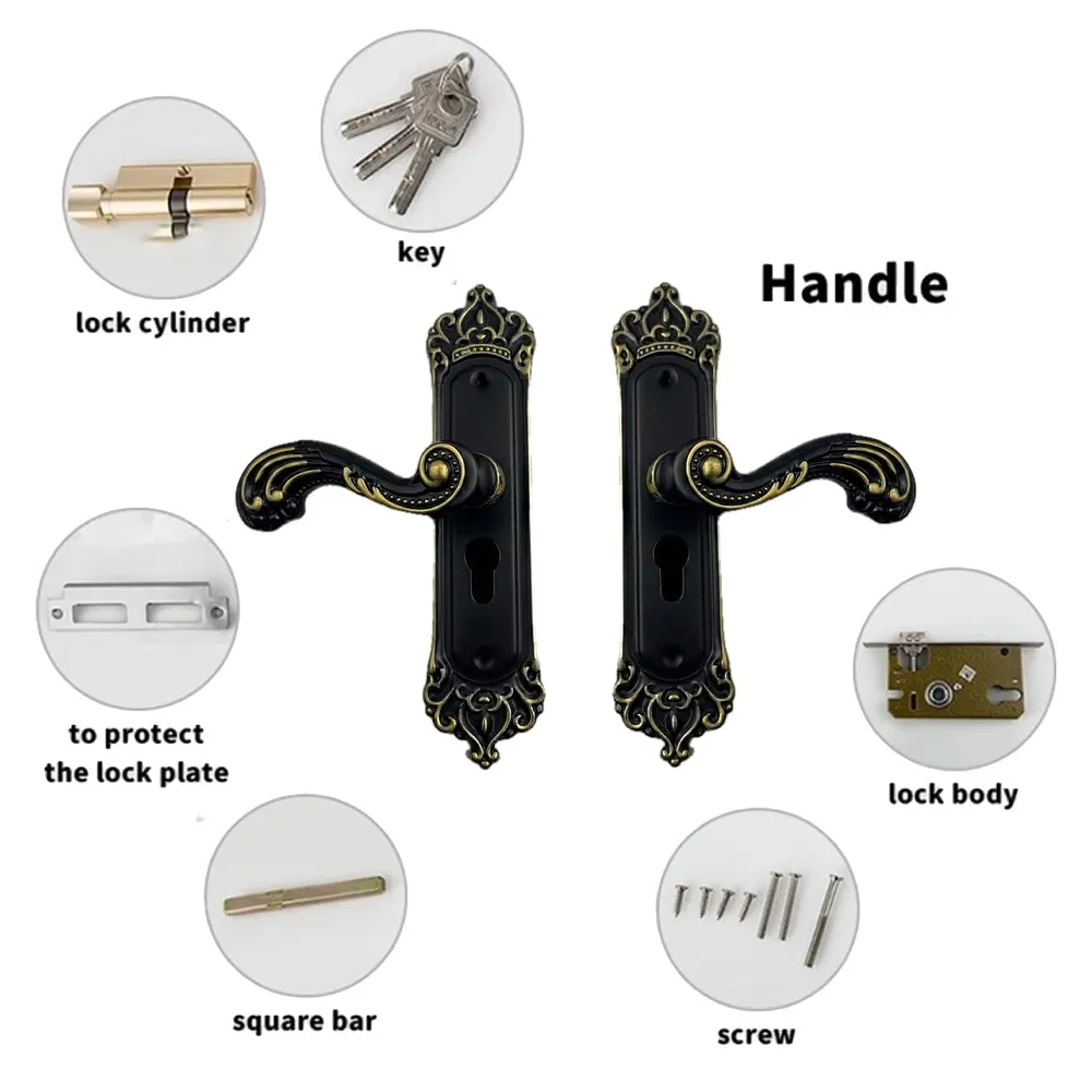 Black Gold Door Handle Set Mortise Lock for Bedroom, Living Room, Main Door Brass Lock Body and One Side Key 9 Inches 3 Keys Lock Set
