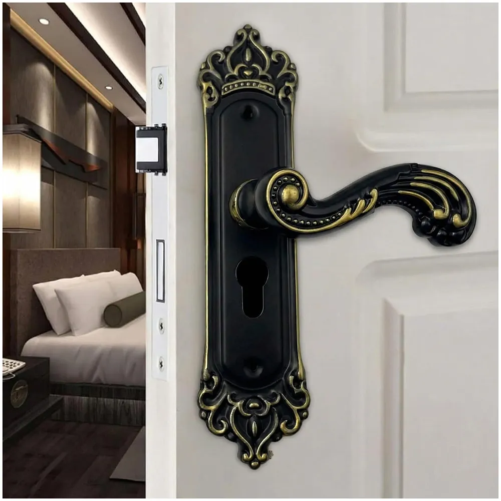Black Gold Door Handle Set Mortise Lock for Bedroom, Living Room, Main Door Brass Lock Body and One Side Key 9 Inches 3 Keys Lock Set Premium