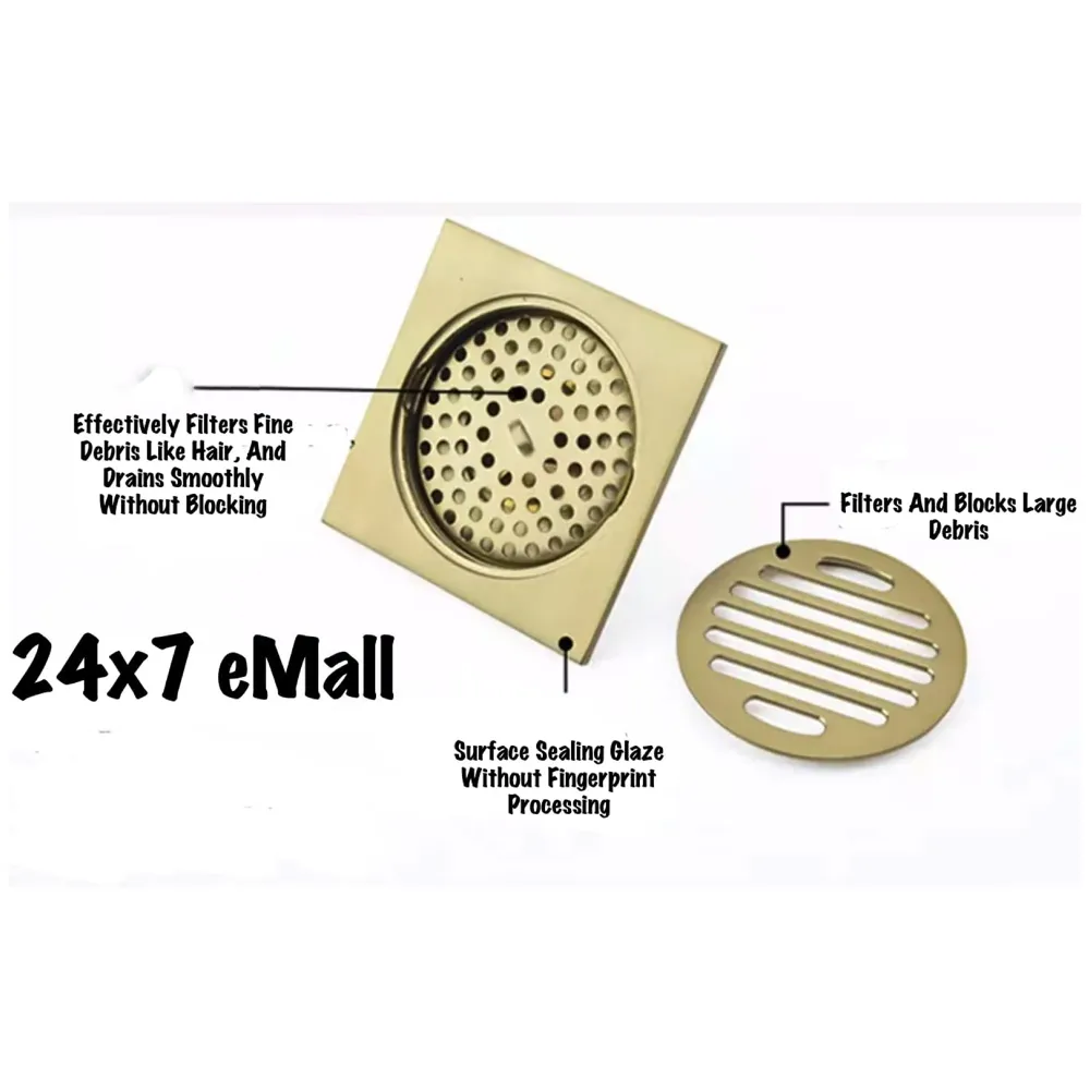 Golden Drain 4" x 4" Gold Floor Drain Shower Channel Water Drainer for Bathroom with Anti-Foul Cockroach Trap