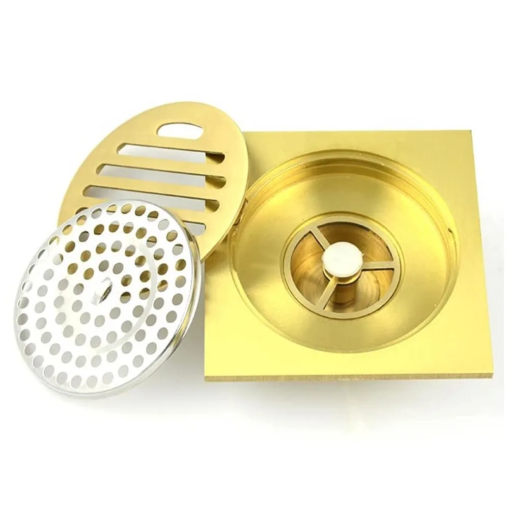 Golden Drain 4" x 4" Gold Floor Drain Shower Channel Water Drainer for Bathroom with Anti-Foul Cockroach Trap Premium