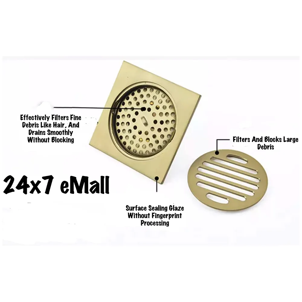 Golden Drain 4" x 4" Gold Floor Drain Shower Channel Water Drainer for Bathroom with Anti-Foul Cockroach Trap Premium