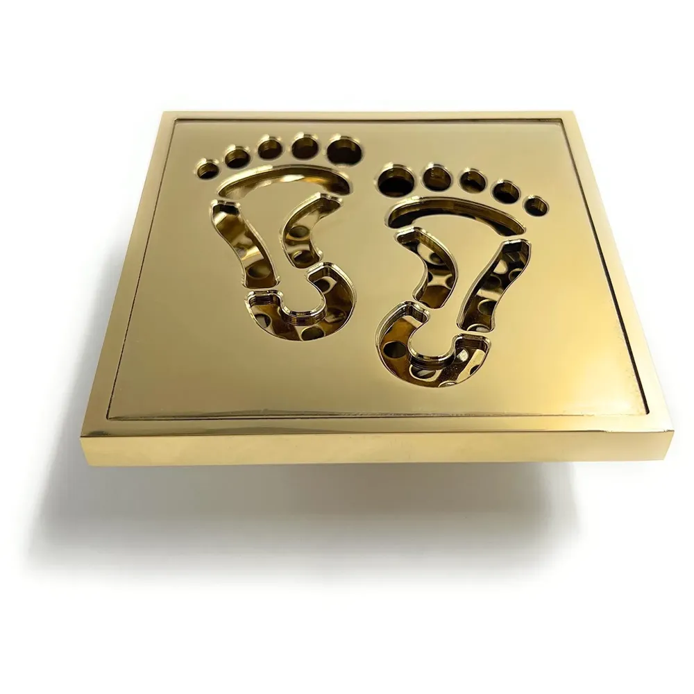 Golden Drain 4" x 4" Foot Design Gold Floor Drain Shower Channel Water Drainer for Bathroom with Anti-Foul Cockroach Trap