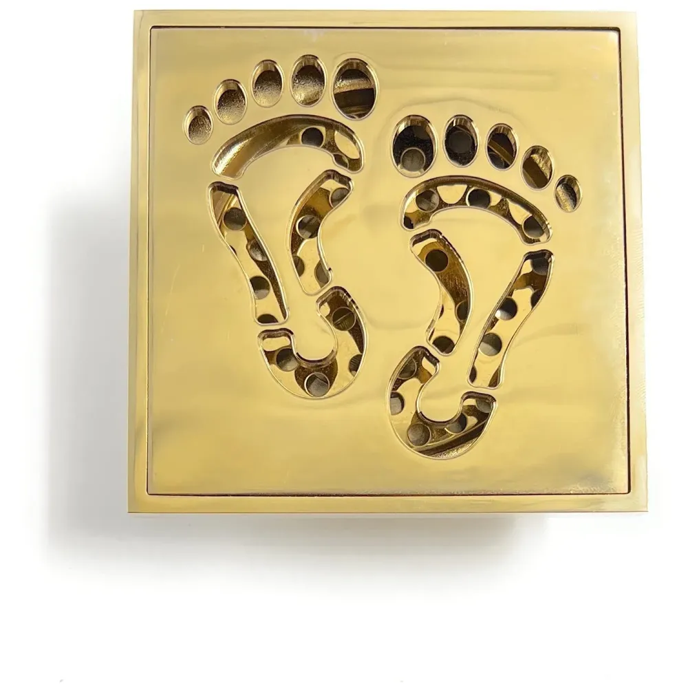 Golden Drain 4" x 4" Foot Design Gold Floor Drain Shower Channel Water Drainer for Bathroom with Anti-Foul Cockroach Trap