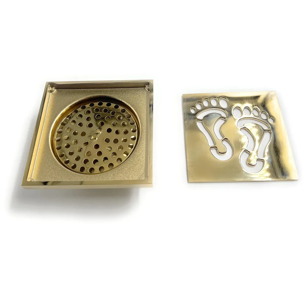 Golden Drain 4" x 4" Foot Design Gold Floor Drain Shower Channel Water Drainer for Bathroom with Anti-Foul Cockroach Trap