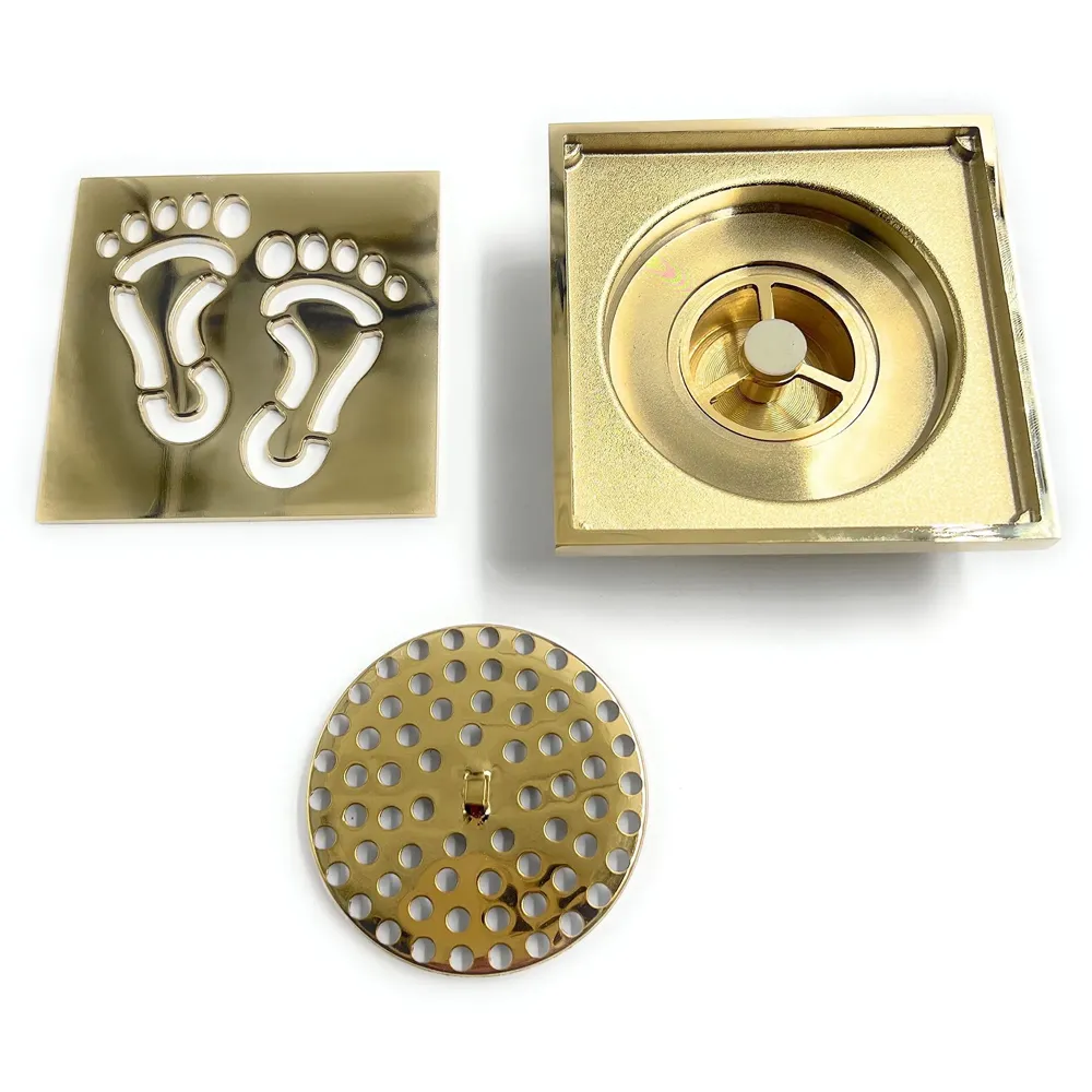Golden Drain 4" x 4" Foot Design Gold Floor Drain Shower Channel Water Drainer for Bathroom with Anti-Foul Cockroach Trap