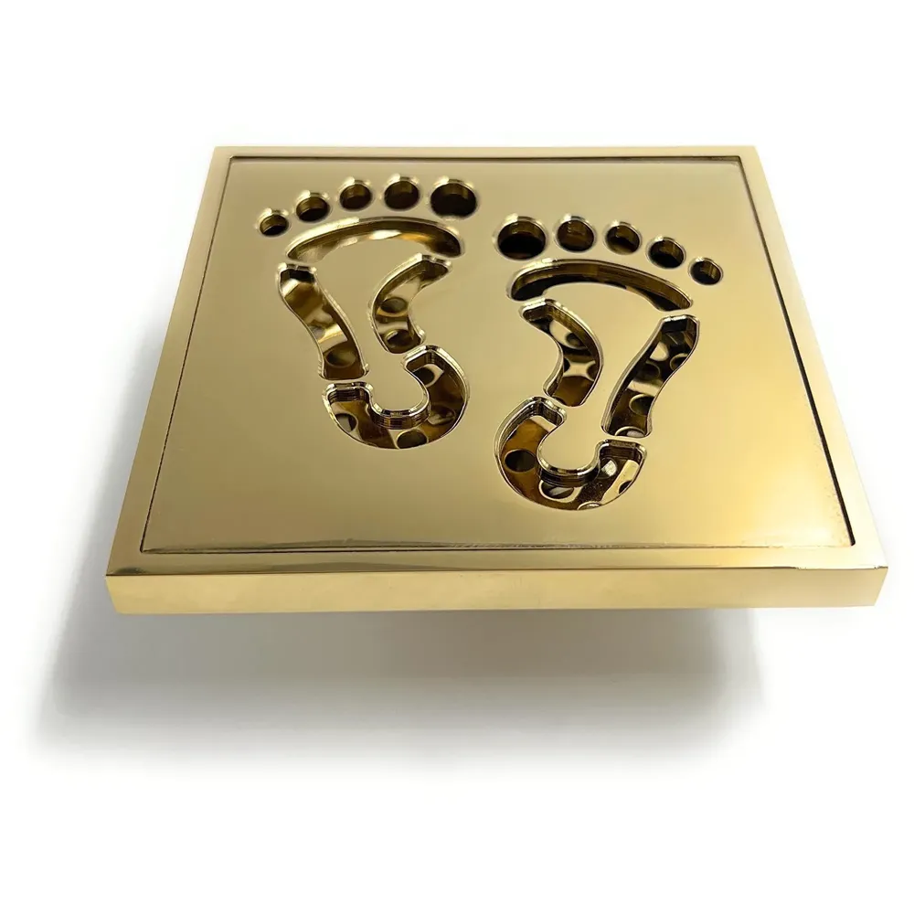 Golden Drain 4" x 4" Foot Design Gold Floor Drain Shower Channel Water Drainer for Bathroom with Anti-Foul Cockroach Trap